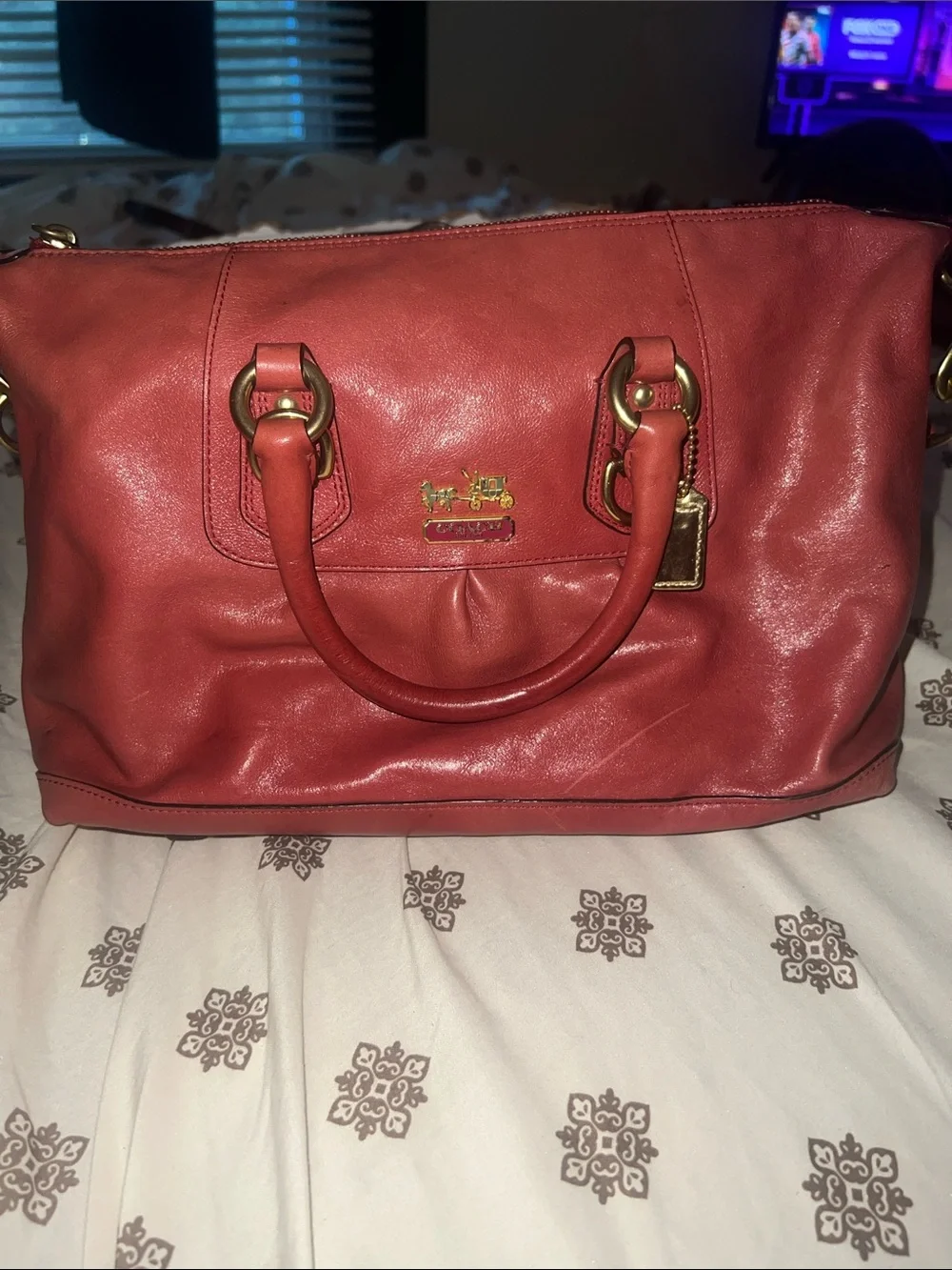 Coach Coral-Red Leather Satchel with Gold Accents